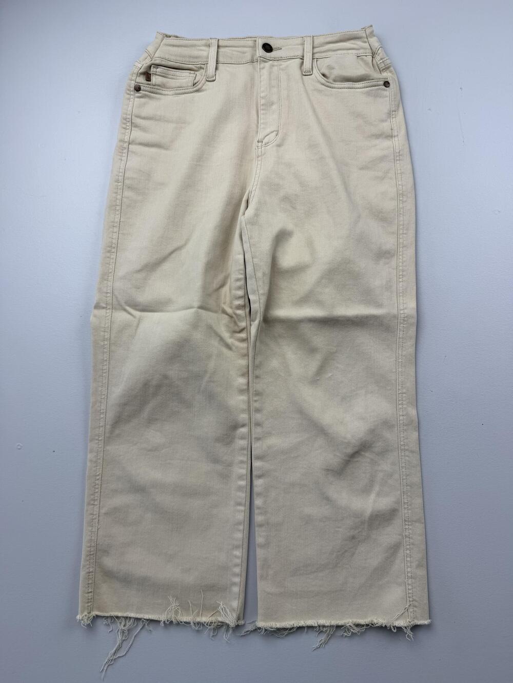 Judy Blue Jeans Juniors 9/29 Beige Wide Leg Crop Distressed Frayed Hem Denim